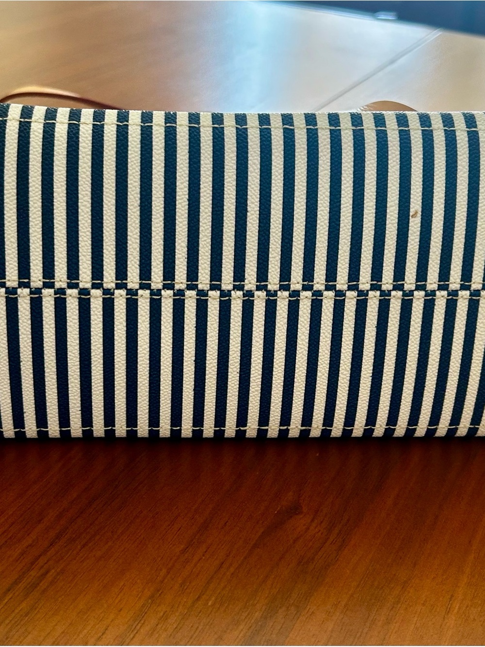 Dooney & Bourke Vintage Striped Navy and White Canvas Tote with Tan Leather Trim - Picture 5 of 10